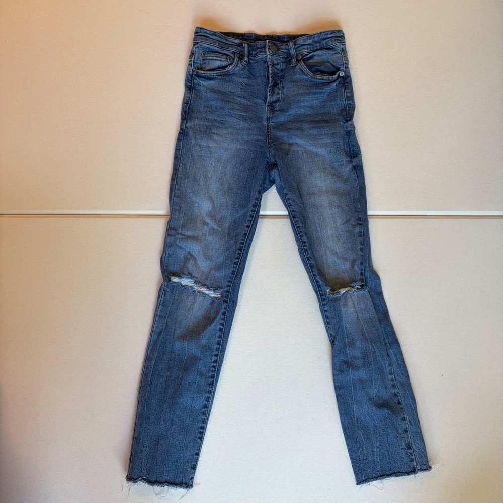 Blank NYC The Madison Crop Jeans 26 Blue Distressed High Rise Skinny Raw Hem